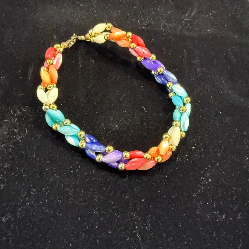 Vintage Rainbow Beaded Bracelet Gold‎ Tone Colorful Retro
